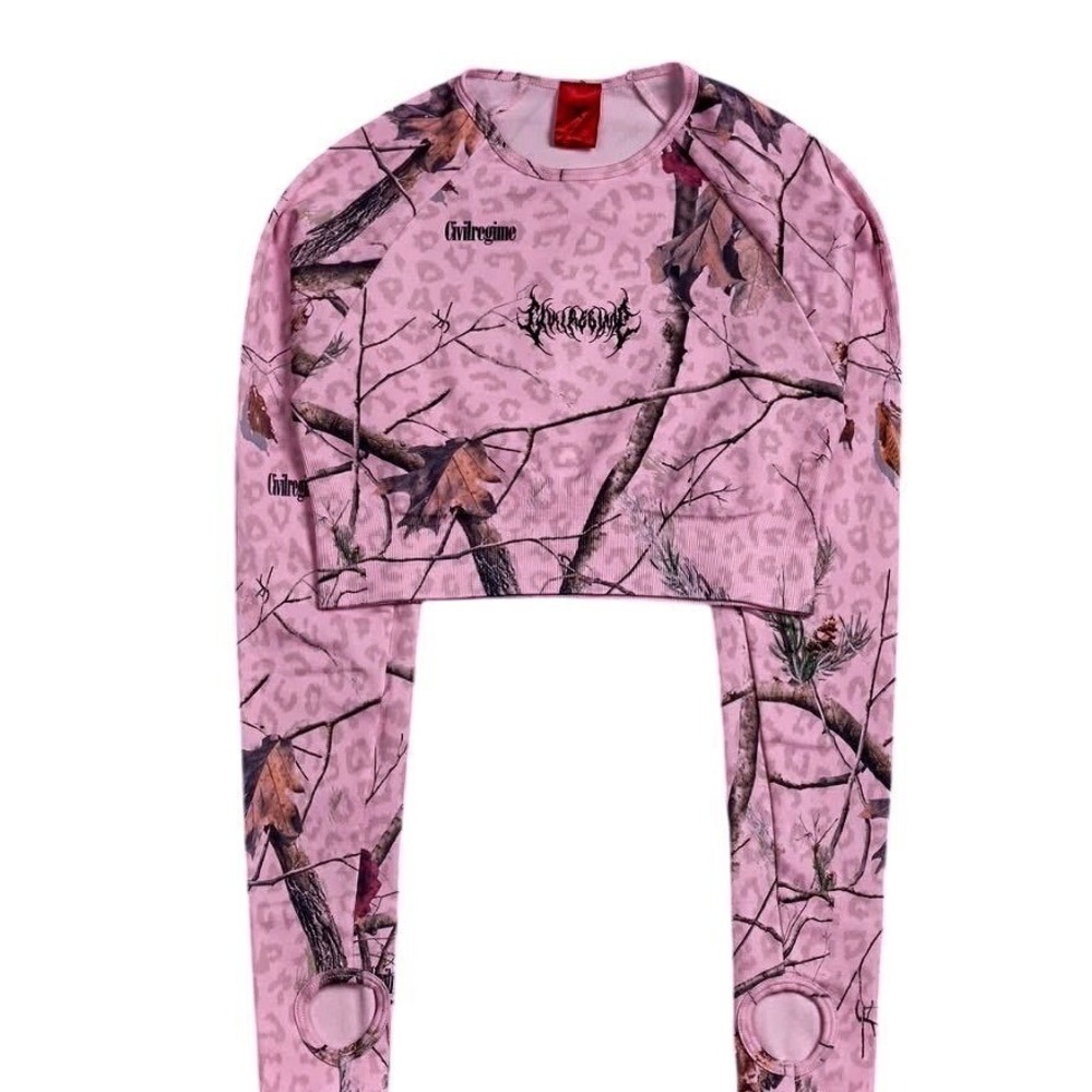 Civil Regime Concrete‎ Forest Seamless Long Sleeve Baby Pink Leopard Camo Top L